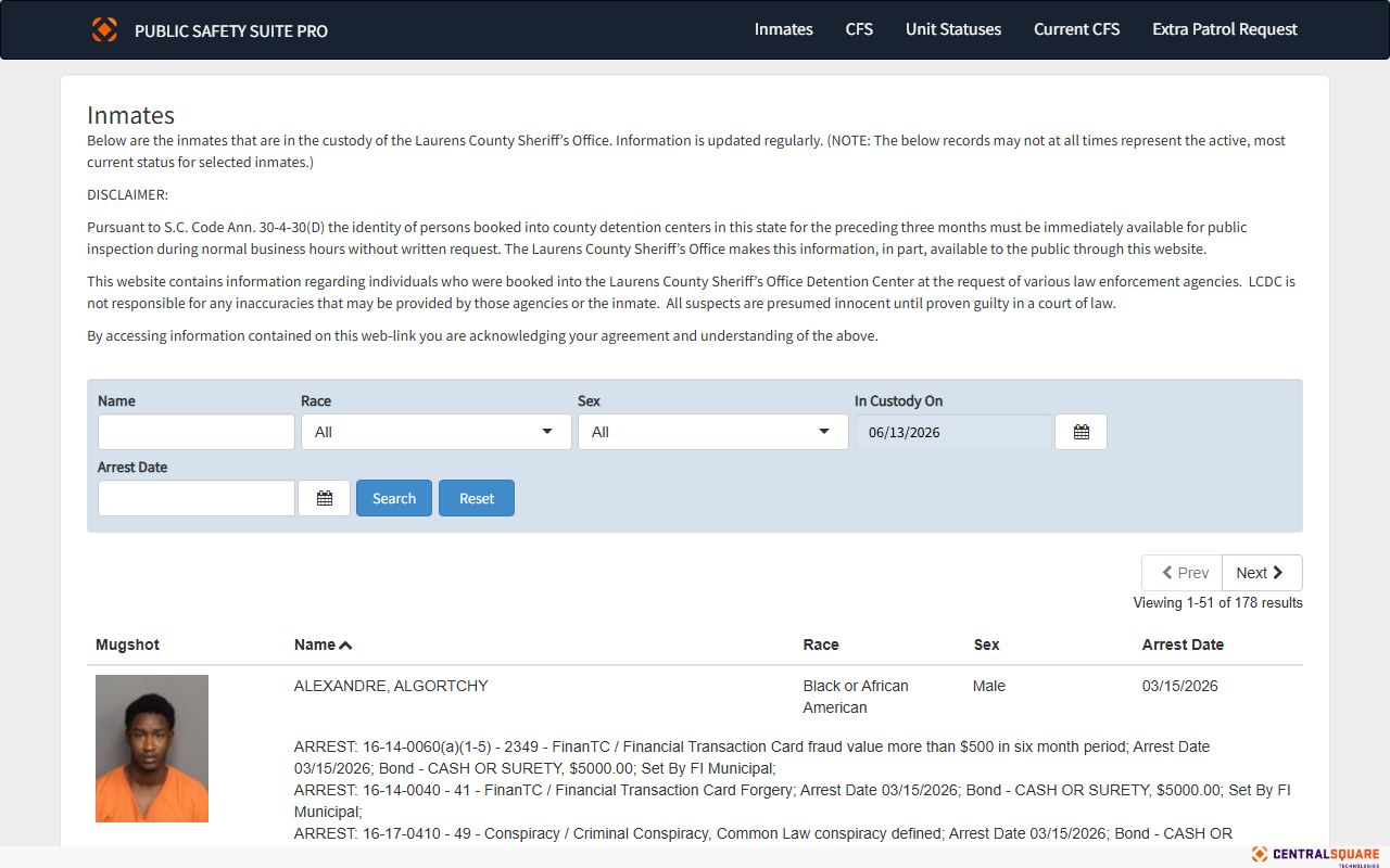 Laurens County inmate search Zuercher jail roster portal