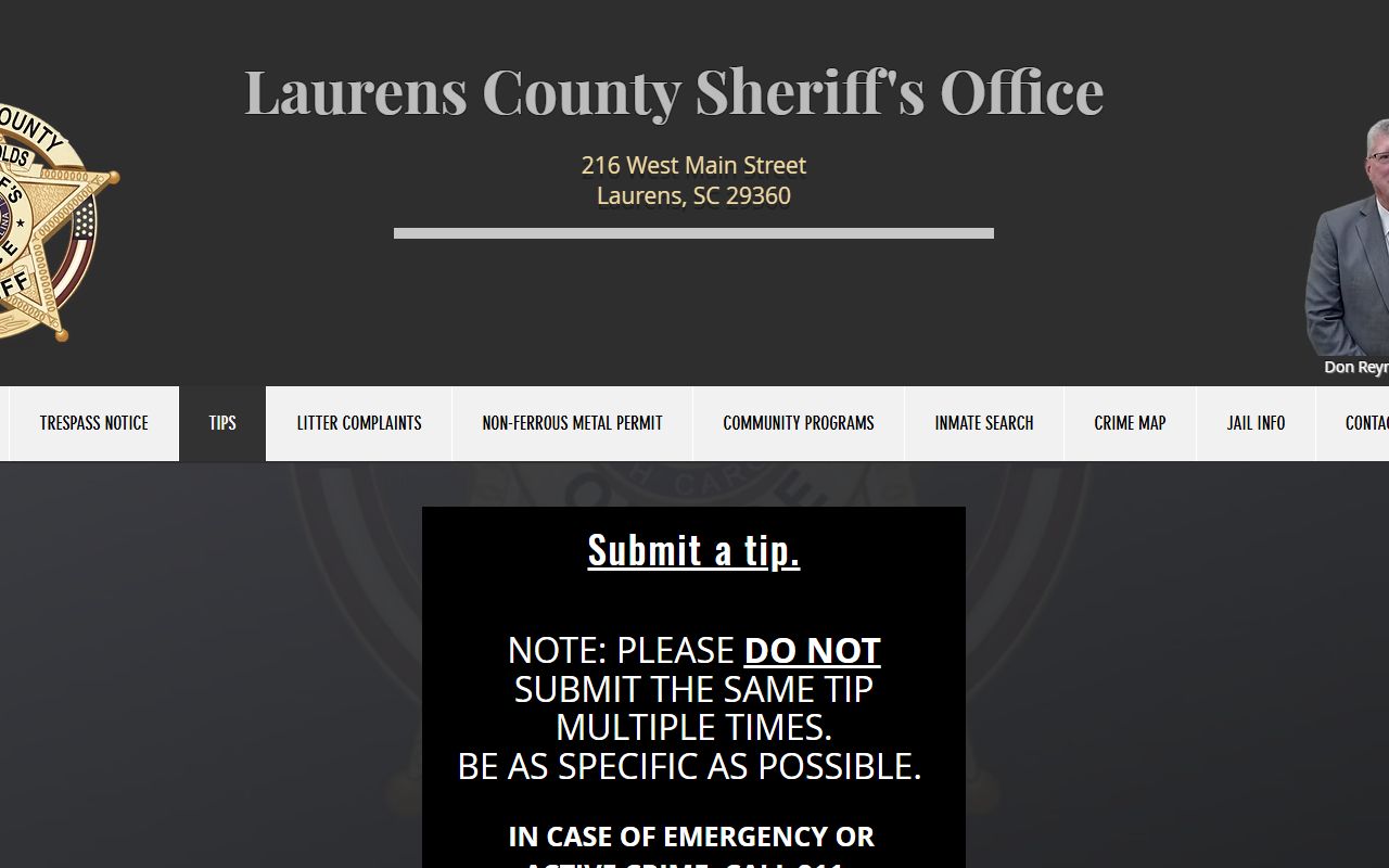 Laurens County warrant search Sheriff's tip form