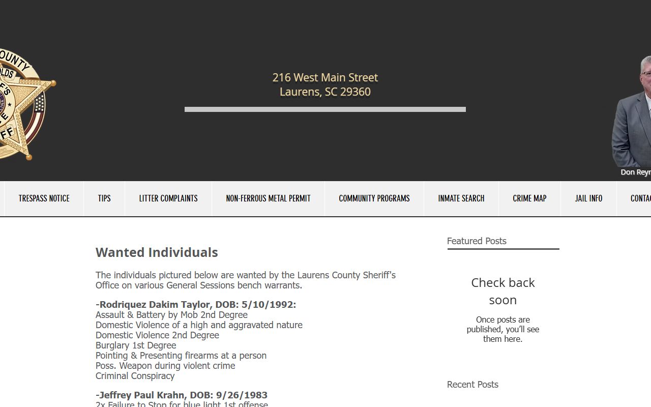 Laurens County warrant records Sheriff's Wanted Individuals post